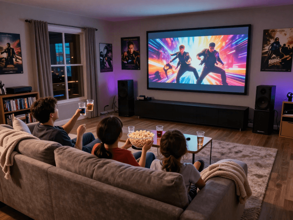 Family enjoying movie night with Moviebox streaming in cozy home theater, vibrant atmosphere and snacks.