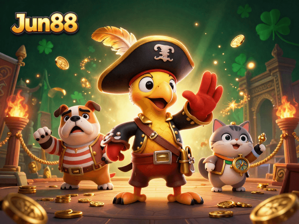 Experience thrilling gaming at Jun88 with a vibrant pirate-themed illustration showcasing gambling excitement.