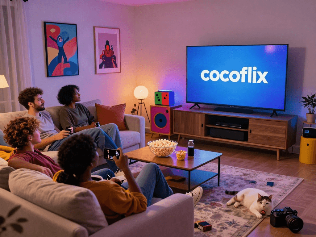 Friends enjoying a movie night with cocoflix in a cozy living room.