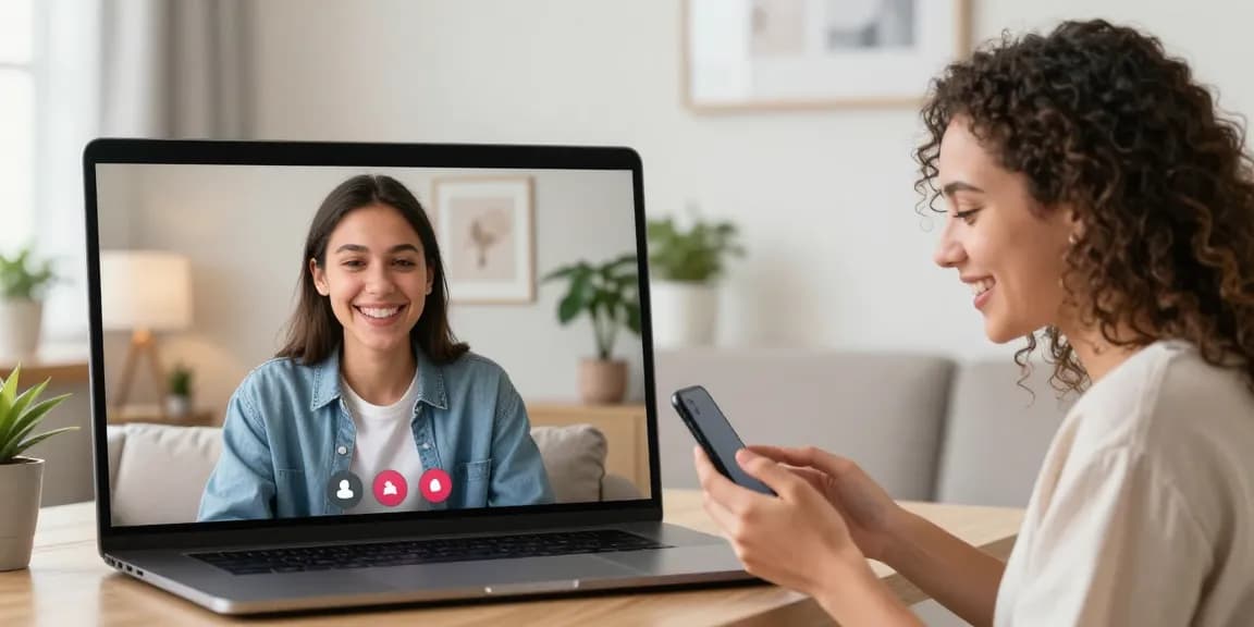 Engaging pink video chat between two users in cozy environments, emphasizing real-time connections.