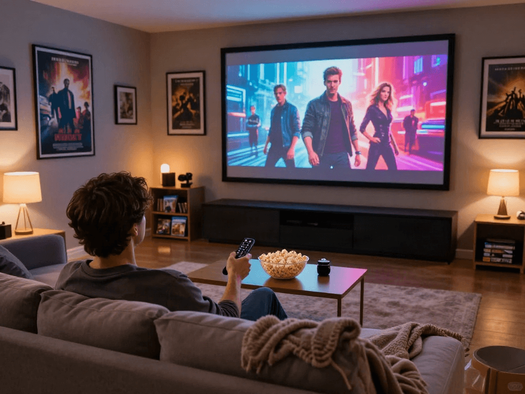 Enjoying filmyzilla download with a cozy theater setup and vibrant movie visuals.