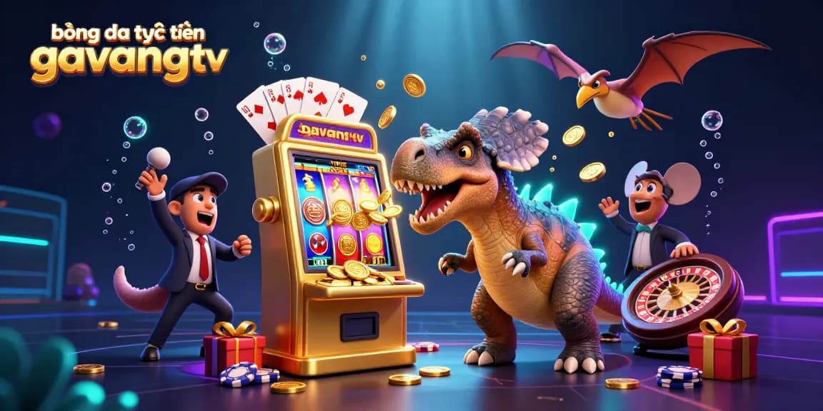 Catch the excitement of bóng đá trực tuyến gavangtv as characters interact with casino elements in a vibrant scene.