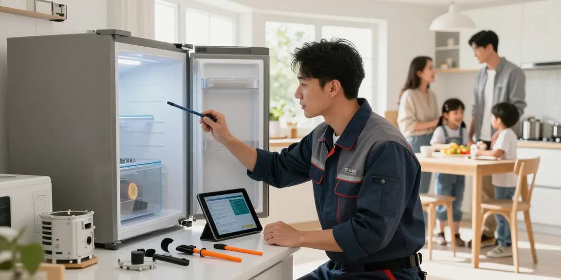 Freezer repair technician diagnosing appliance issues in a bright modern kitchen.