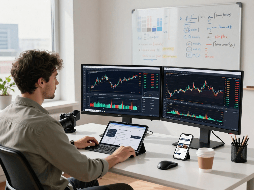 Germany stock backtesting API interface displayed on multiple screens in a trading analysis workspace, showcasing developer engagement.