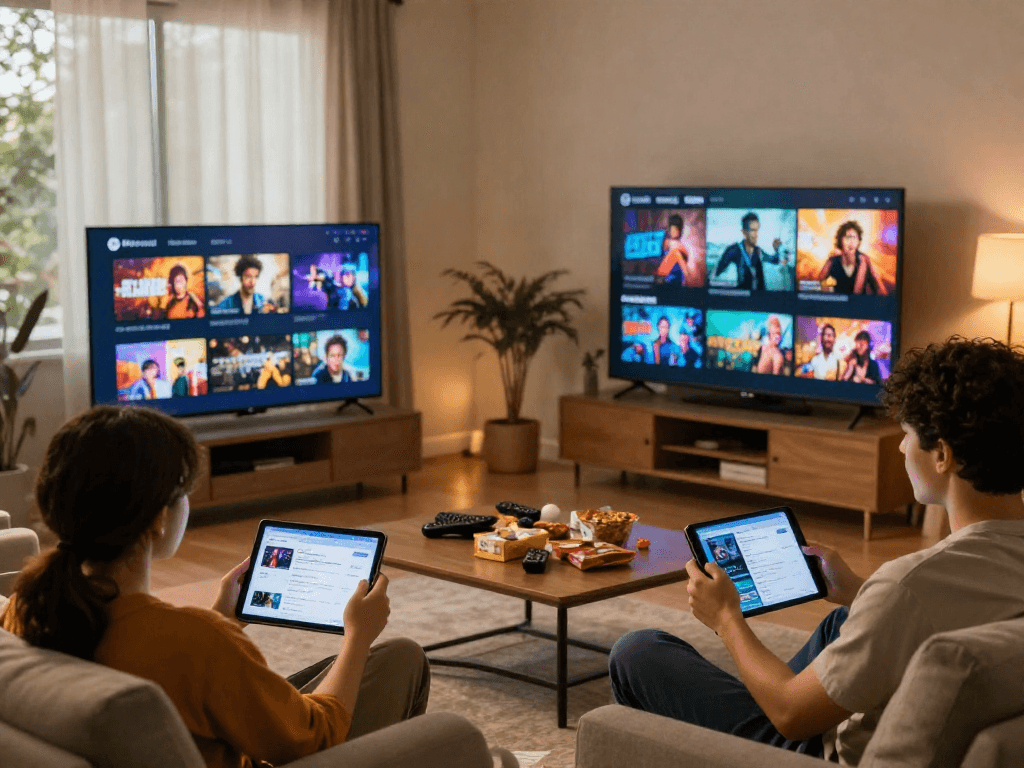 Users enjoying diverse content through Pikashow APK in a cozy living room.