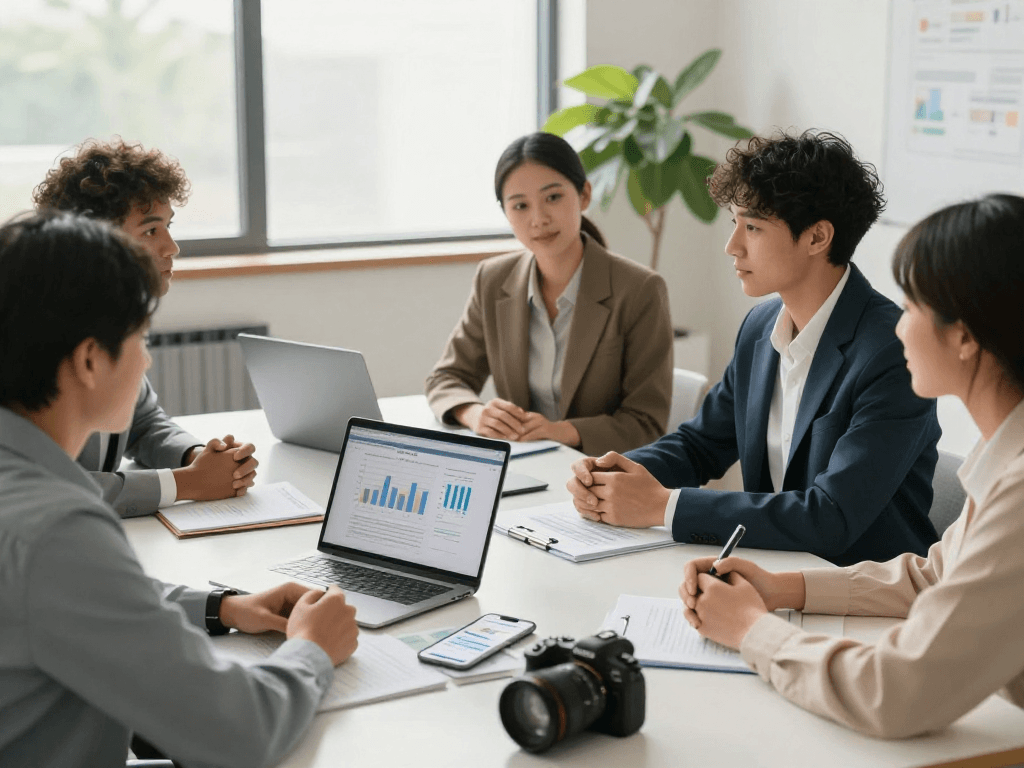 Financial advisors discussing credit consolidation strategies with clients in a modern office.
