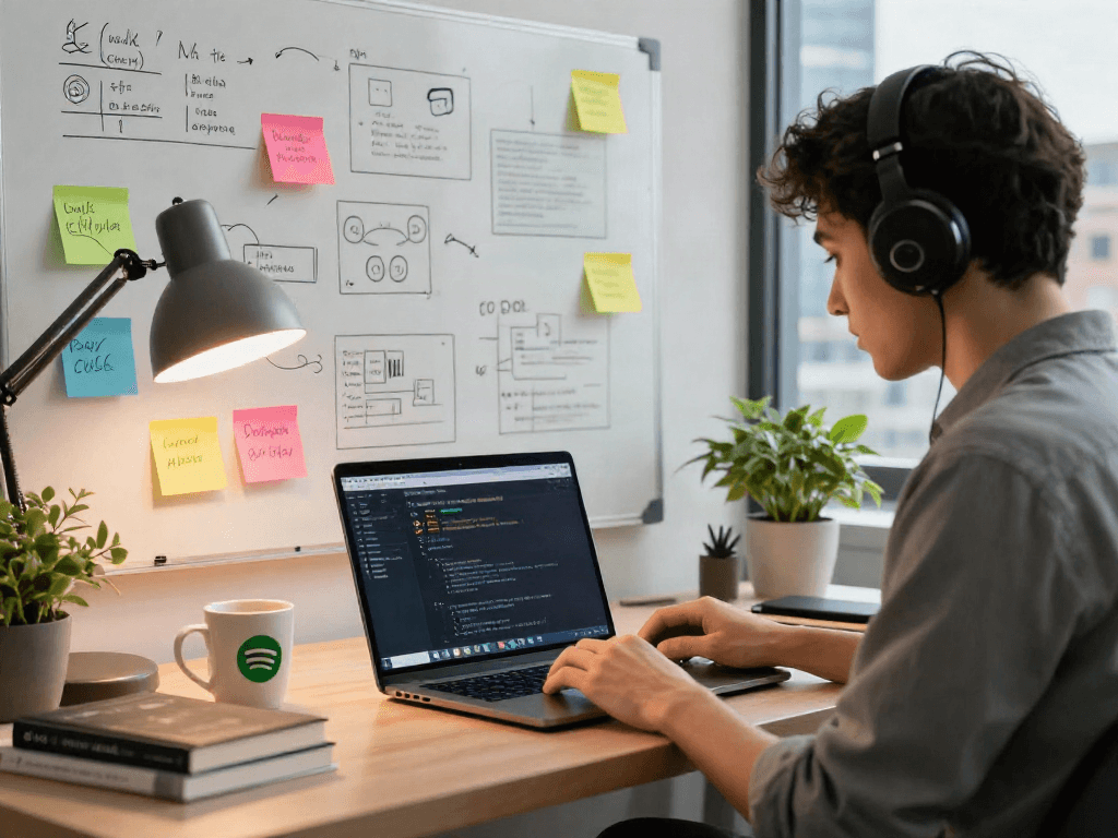 Young professional using spotify mod apk in a vibrant workspace with coding elements and modern tech.
