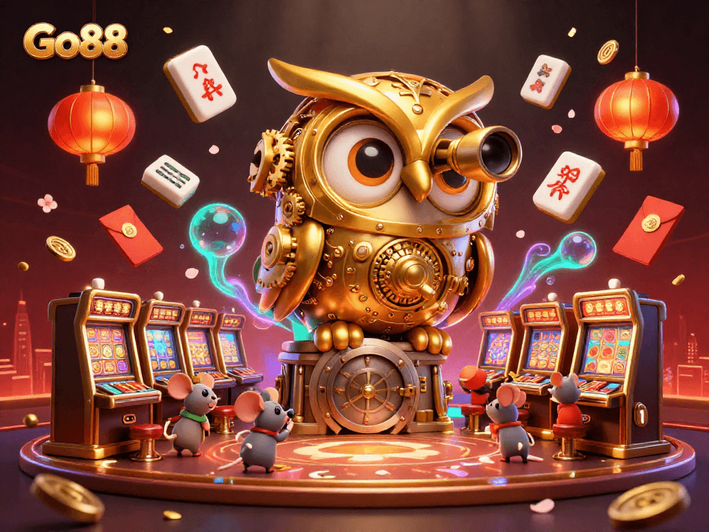 Win big at Go88 with a vibrant casino scene featuring a golden owl and dynamic gambling elements.