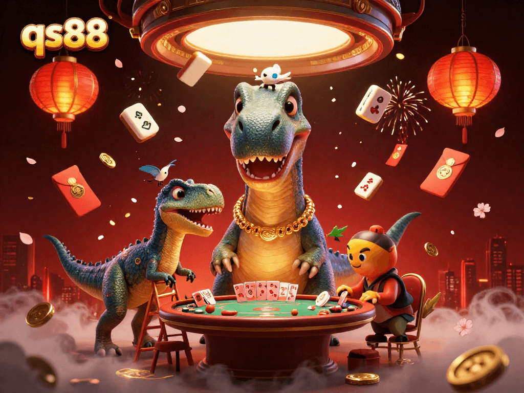 Experience the excitement of qs88 gaming with a towering brontosaurus, raptor dealer, and rich casino elements.