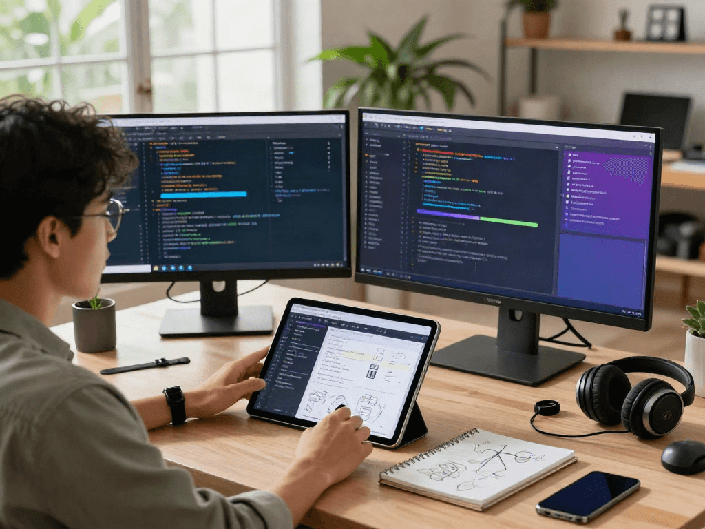 Pikashow apk developer showcasing digital designs in a modern workspace filled with gadgets.
