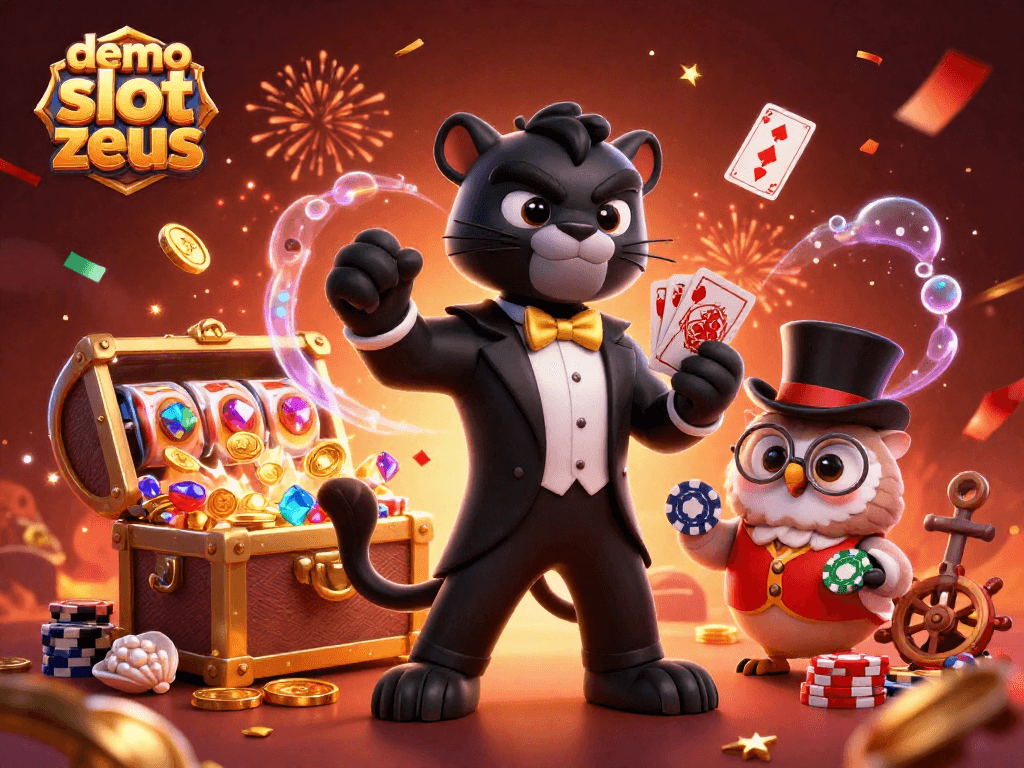 Mainkan demo slot zeus dengan panther stylish dan karakter lucu dalam ilustrasi kasino yang kaya.