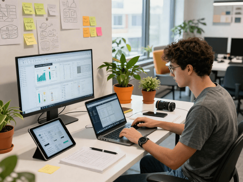 Developer engaged in coding the filmyzilla APK in a vibrant co-working space.