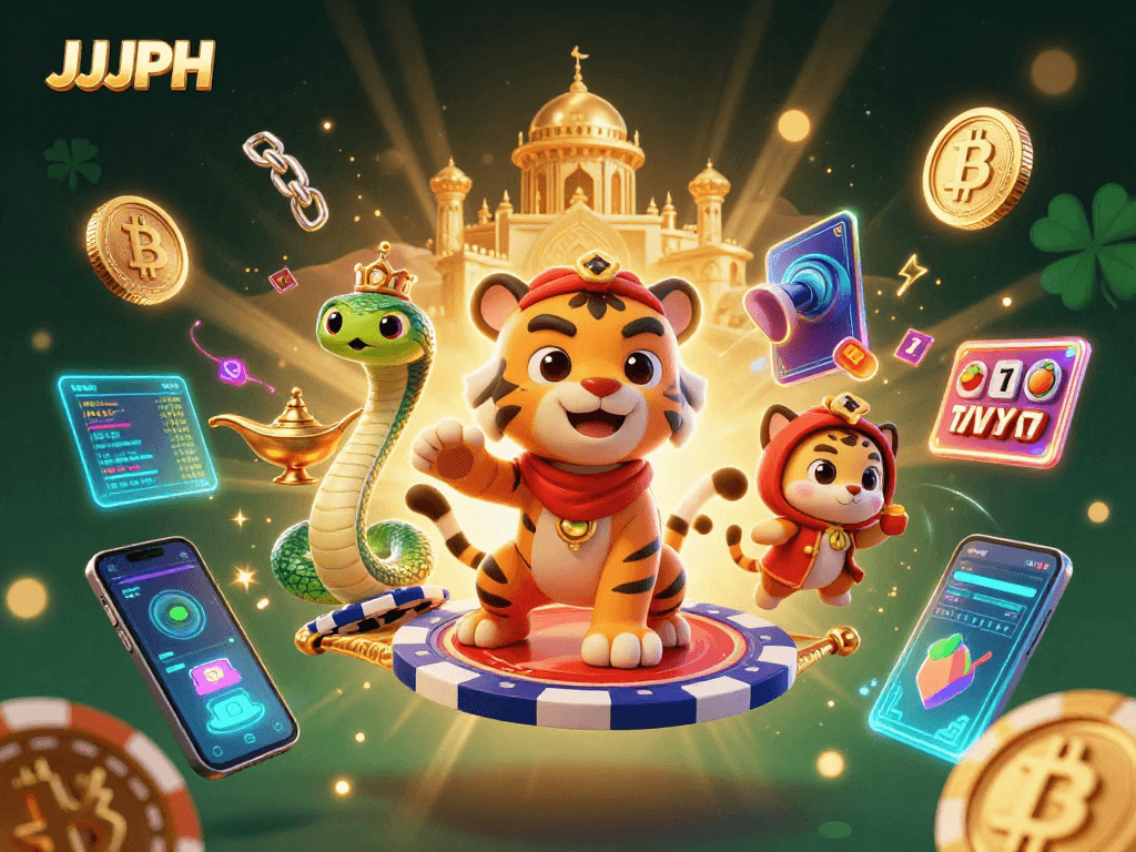 Engage with the vibrant JJJPH scene, showcasing a tiger sultan, crypto coins, and lush casino elements.