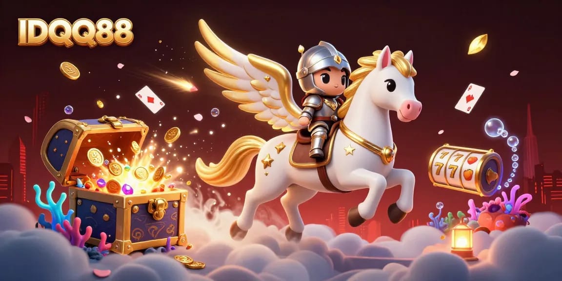 Watch IDQQ88 unlock treasure-filled slots with a celestial knight on a magical horse.