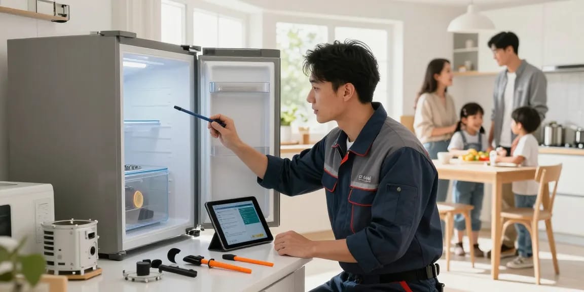 Freezer repair technician diagnosing appliance issues in a bright modern kitchen.