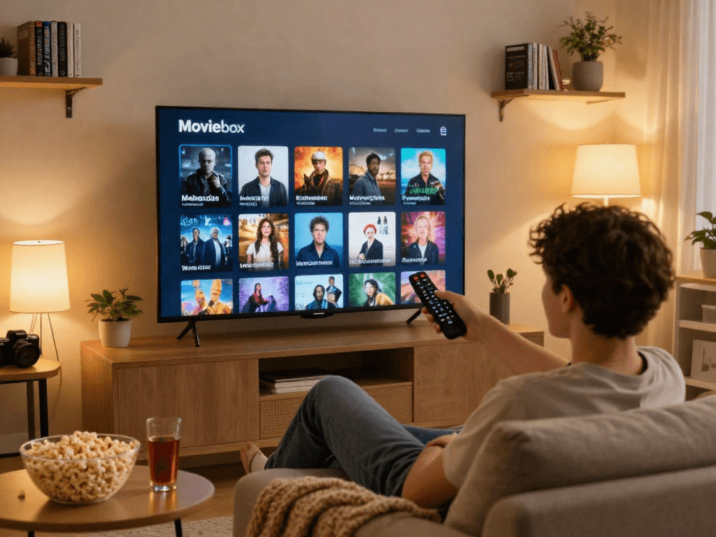 Experience the convenience of the Moviebox app in a cozy living room setting with a user enjoying their favorite films.