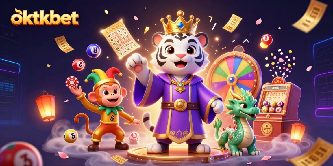 Engage with oktkbet's exciting lottery scene featuring a captivating tiger, lively monkey, and jade dragon.