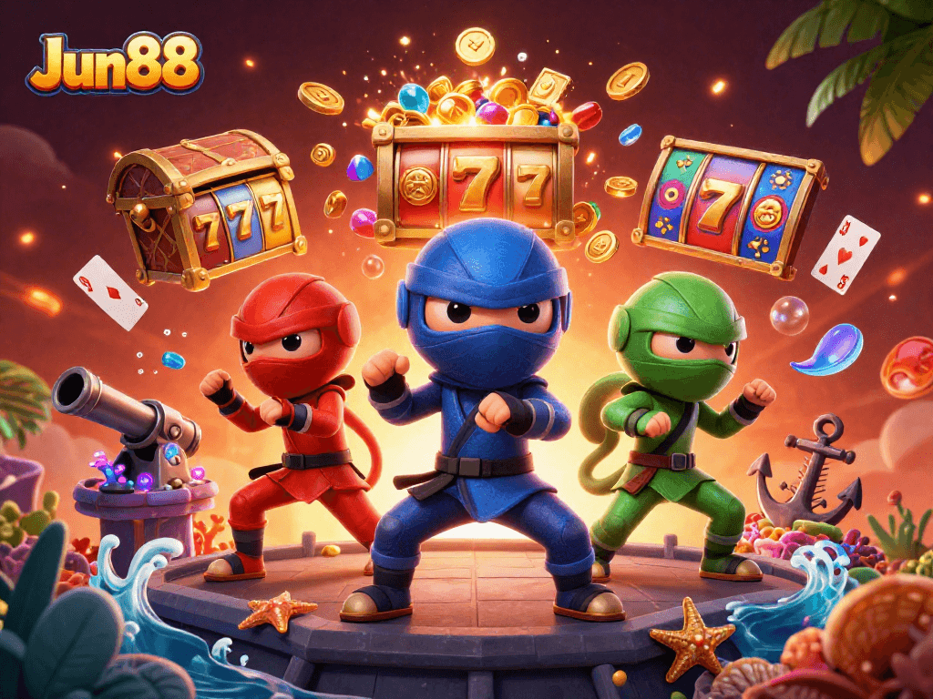 Jun88 showcases a vibrant casino scene with chameleon ninjas and dynamic slot games.