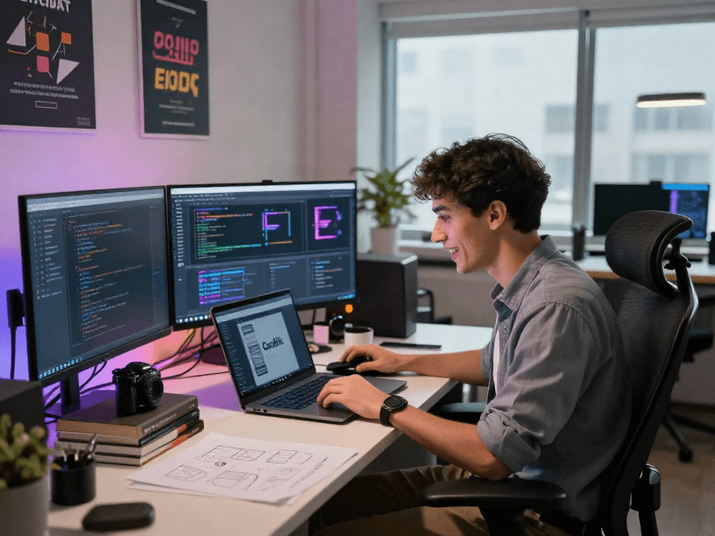 Cocoflix apk being tested on a laptop in a modern tech workspace with vibrant app interfaces.