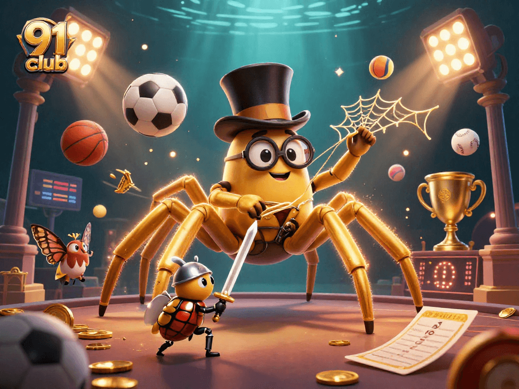 Engage in thrilling gameplay at 91 club with a vibrant, colorful casino illustration, showcasing dynamic characters and sports elements.