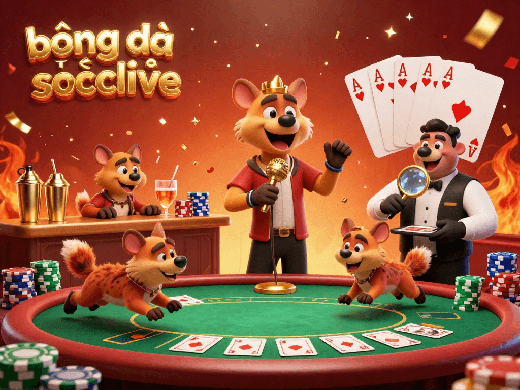 Engage with bóng đá trực tuyến socolive in this lively sports betting scene featuring whimsical hyenas and vibrant casino elements.