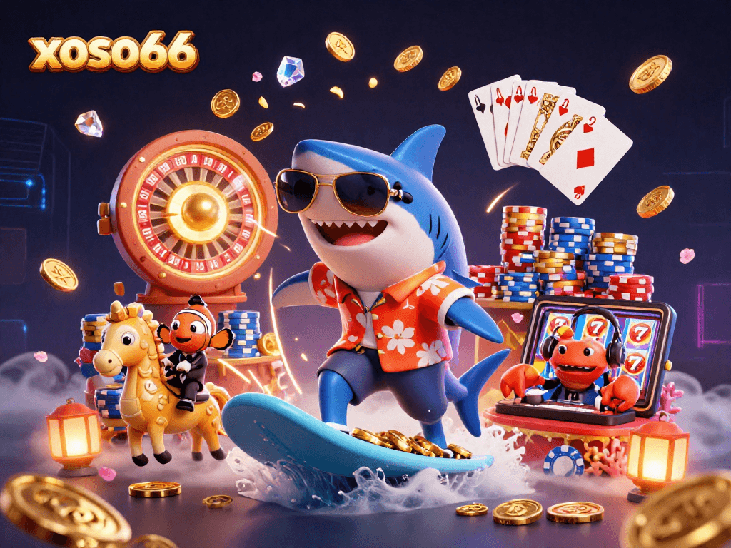 Spin with xoso66 as the shark surfs gold coins, flanked by the clownfish and crab DJ.