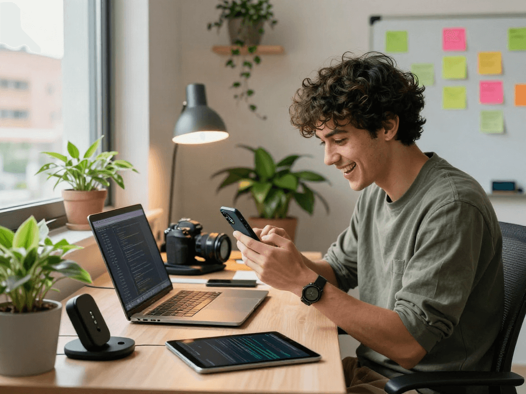 Using gb whatsapp on smartphone at a stylish desk with tech gadgets in a bright home office