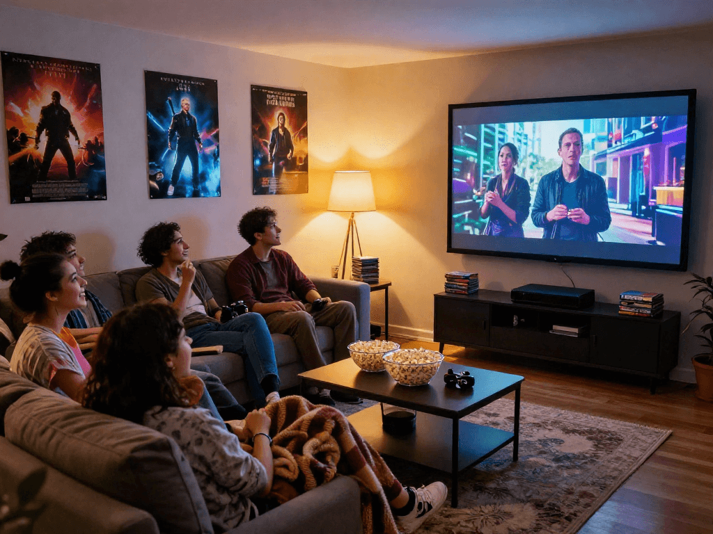 Moviebox friends enjoying a cinematic experience in a cozy living room.