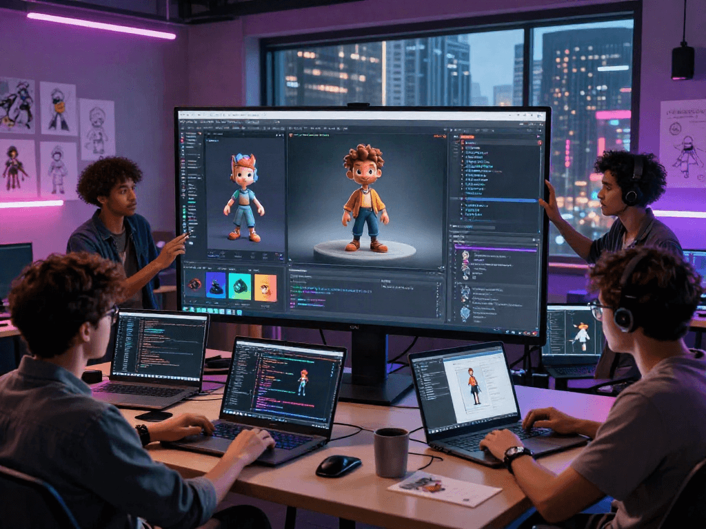 Creative team developing character AI nsfw prototypes in a futuristic studio, showcasing vibrant designs and innovative collaboration.