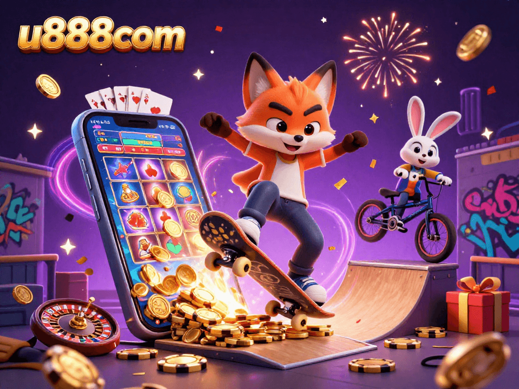 Experience vibrant gaming action with u888com's 3D characters, slot games, and dynamic casino elements.