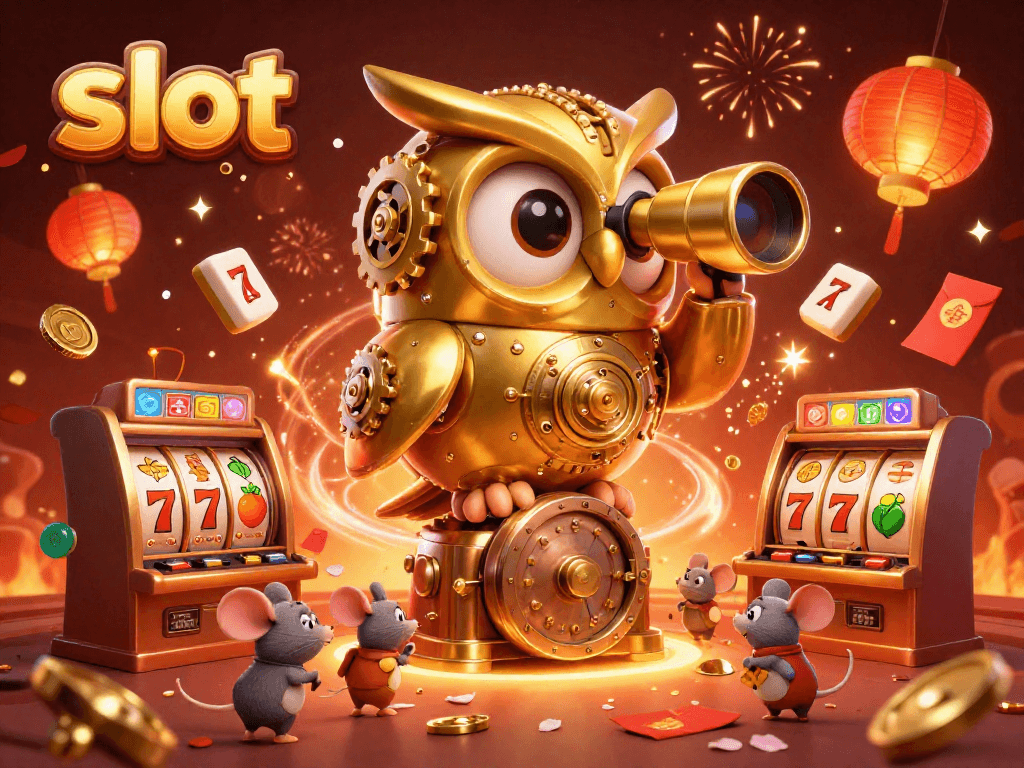 Bermain slot dengan mesin slot modern dan karakter unik dalam suasana kasino yang meriah.