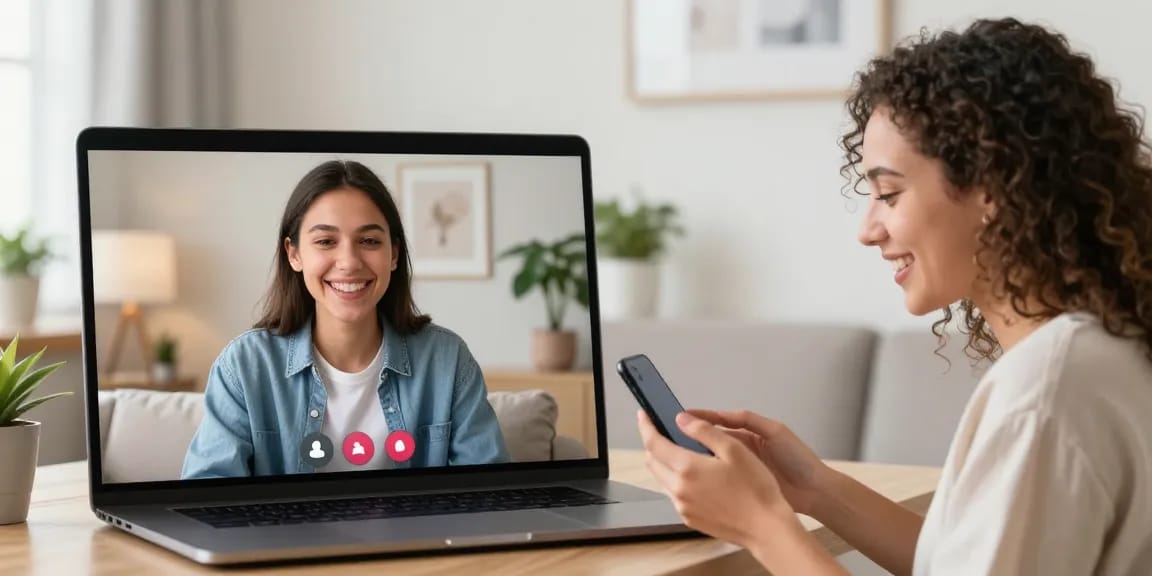 Engaging pink video chat between two users in cozy environments, emphasizing real-time connections.