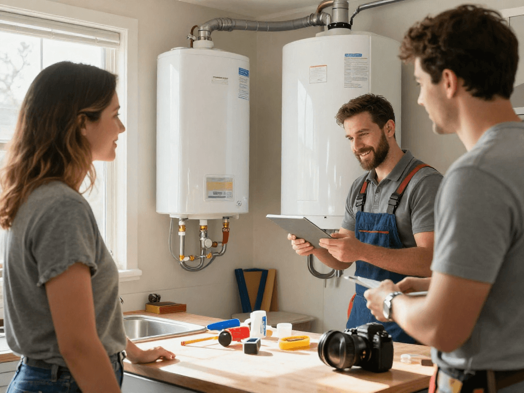 Water heater replacement Fort Worth service showing plumber and homeowner discussing installation in a bright kitchen.