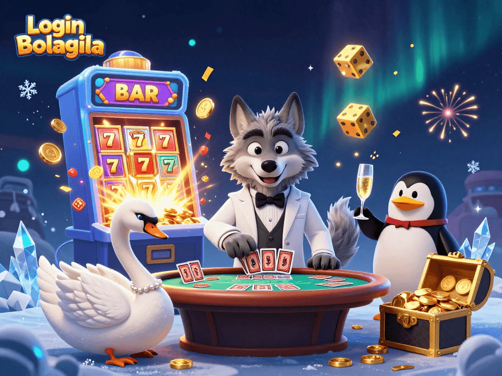 Experience the thrill of Login Bolagila with an engaging 3D casino scene of a wolf, swan, and penguin surrounded by exciting gaming elements.