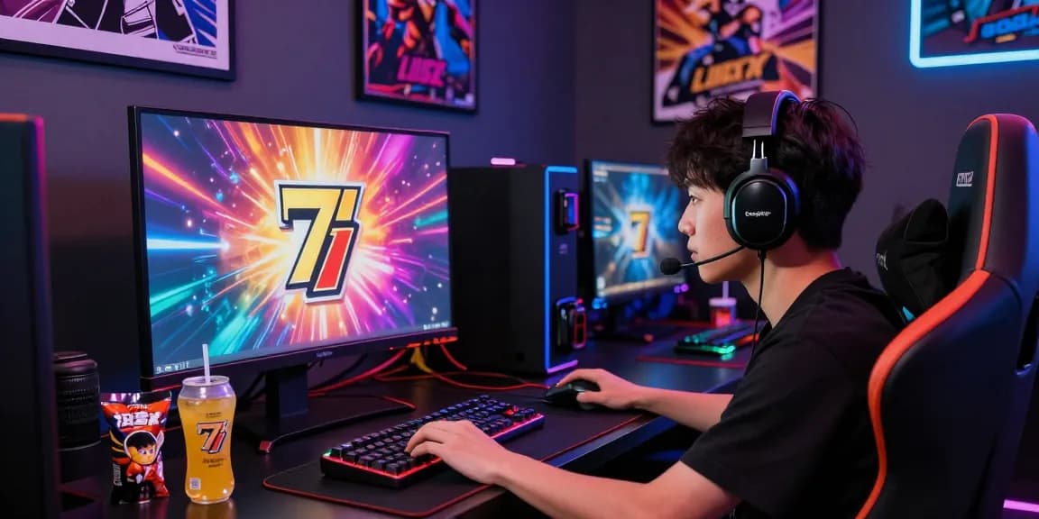 Player immersed in lucky77 gaming environment with vibrant logos and gear