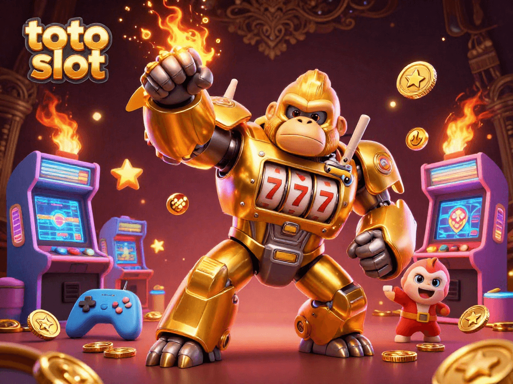 Menangkan permainan toto slot dengan karakter gorila emas dan mesin slot berputar yang penuh keberuntungan.