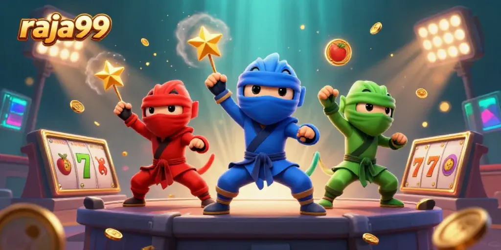 Engage with raja99 in this vibrant 3D scene of ninja chameleons and dynamic jackpot symbols.