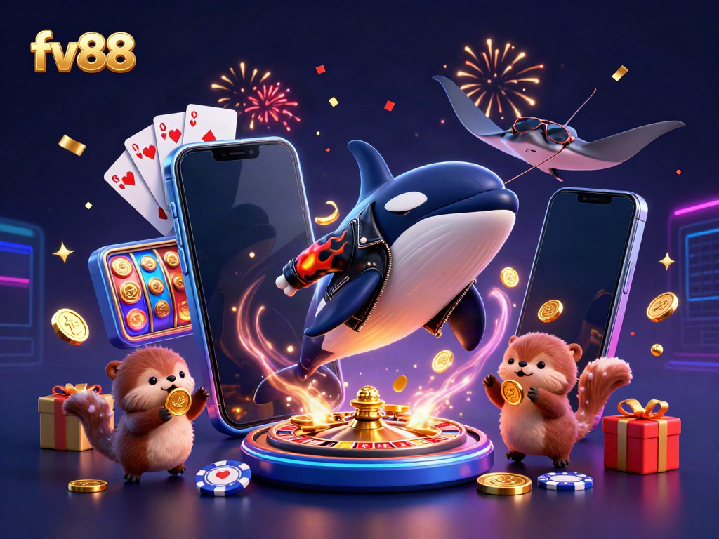 fv88 reveals a dynamic casino scene with colorful characters celebrating while engaging in exciting gambling adventures.