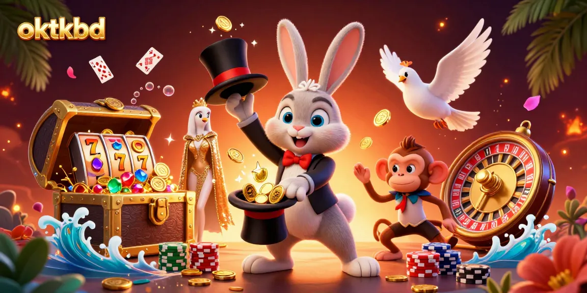 Engage in thrilling games with oktkbd's vibrant 3D illustration featuring a magician, dove, and monkey.