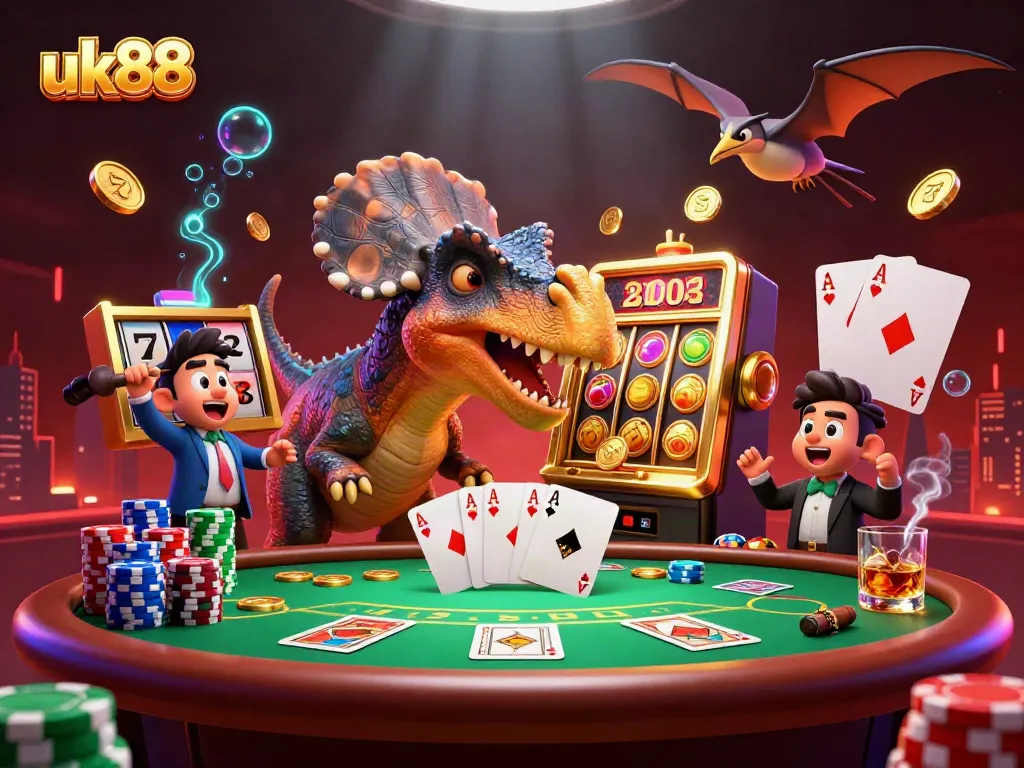 A 3D cartoon scene where uk88's pachycephalosaurus hits a slot machine, spilling coins while a manager swings a tail amid vibrant casino action.