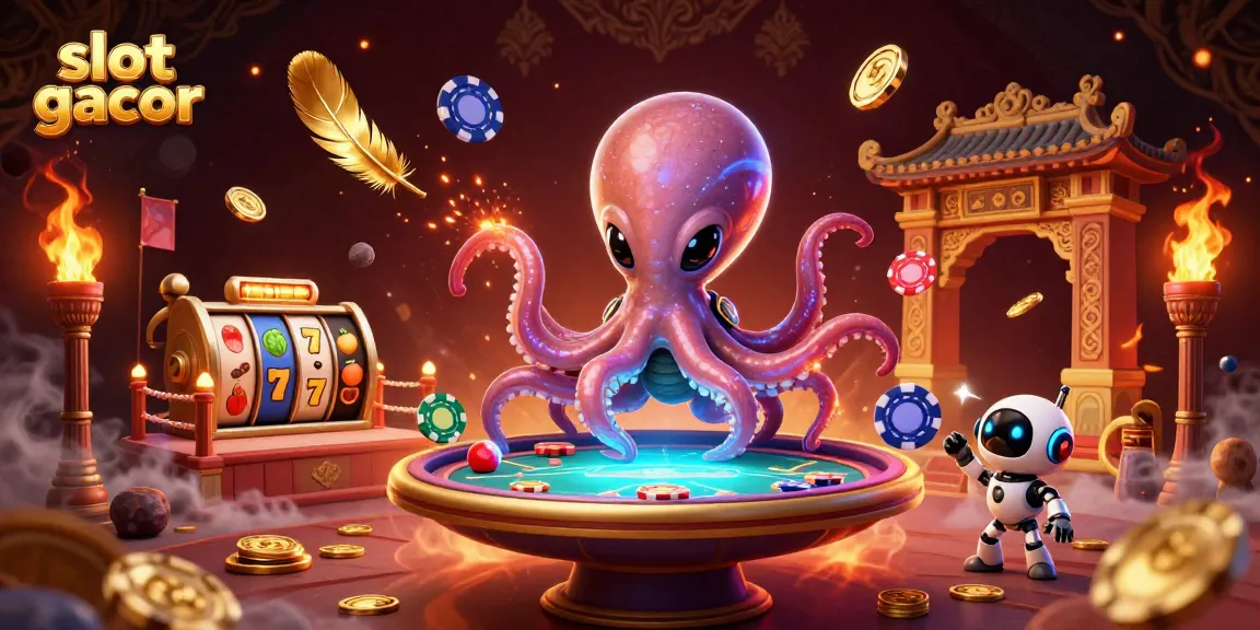 Engage with the vibrant slot gacor universe, featuring a cartoon alien octopus and robot at a poker table.