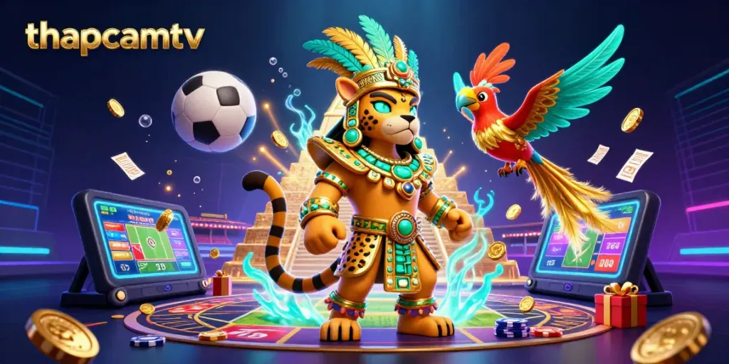 thapcamtv sports betting illustration showcasing a Mayan character surrounded by dynamic gaming elements and action.