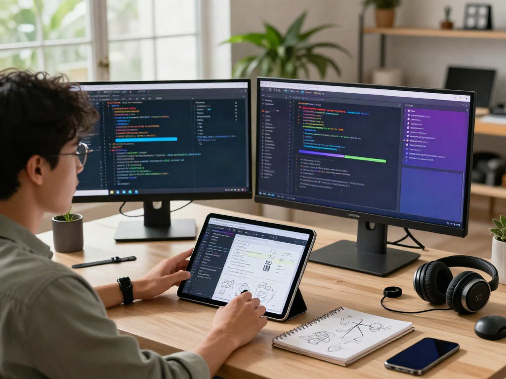 Pikashow apk developer showcasing digital designs in a modern workspace filled with gadgets.