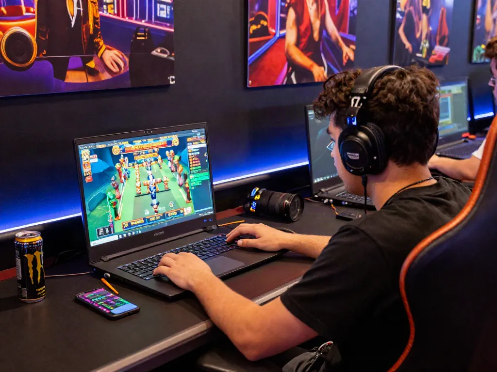 Gambler serius bermain ratutogel di meja gaming dengan laptop modern.