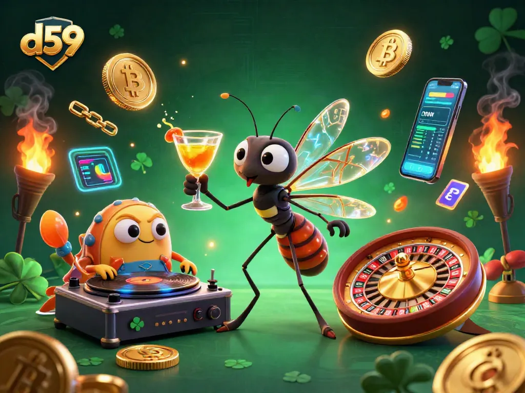 d59 casino mascot surrounded by vibrant gaming elements and cryptocurrency coins for an engaging experience.