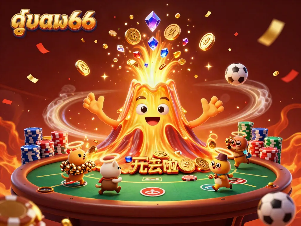 Experience the thrill of ดูบอล66 as the golden volcano erupts with treasures, surrounded by vibrant sports betting elements.