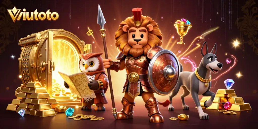 Mengenali viutoto dengan ilustrasi kucing Spartan mewah dan elemen permainan yang mencolok.