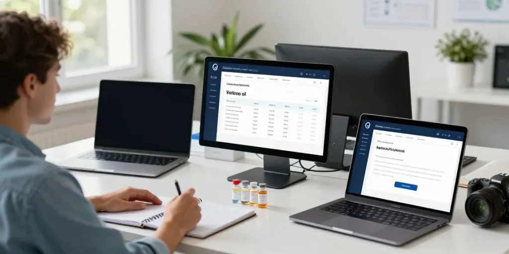 Researcher comparing prices on peptidepricer in a modern workspace with multiple screens.