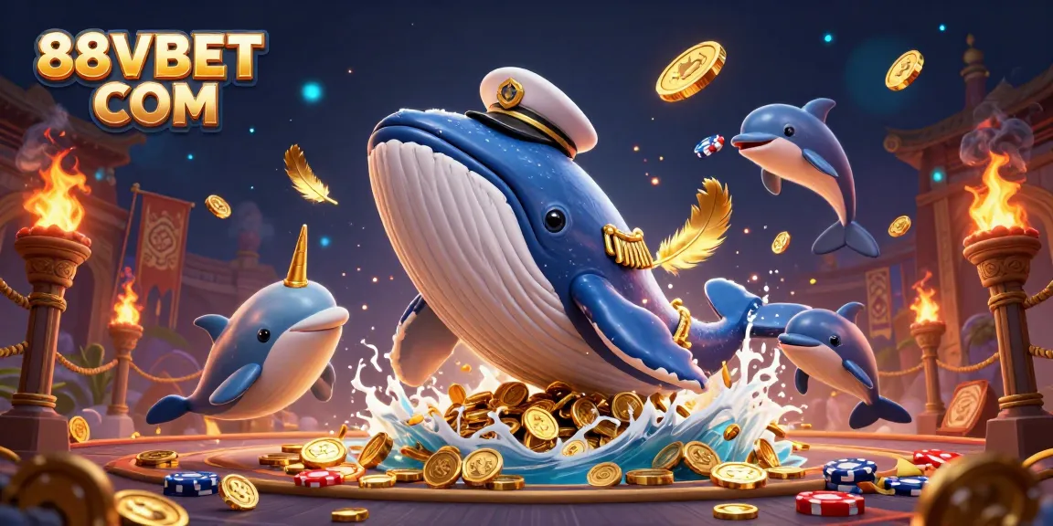 Engage in thrilling gameplay at 88VBET COM with stunning casino scenes featuring a 3D whale and vibrant coins.