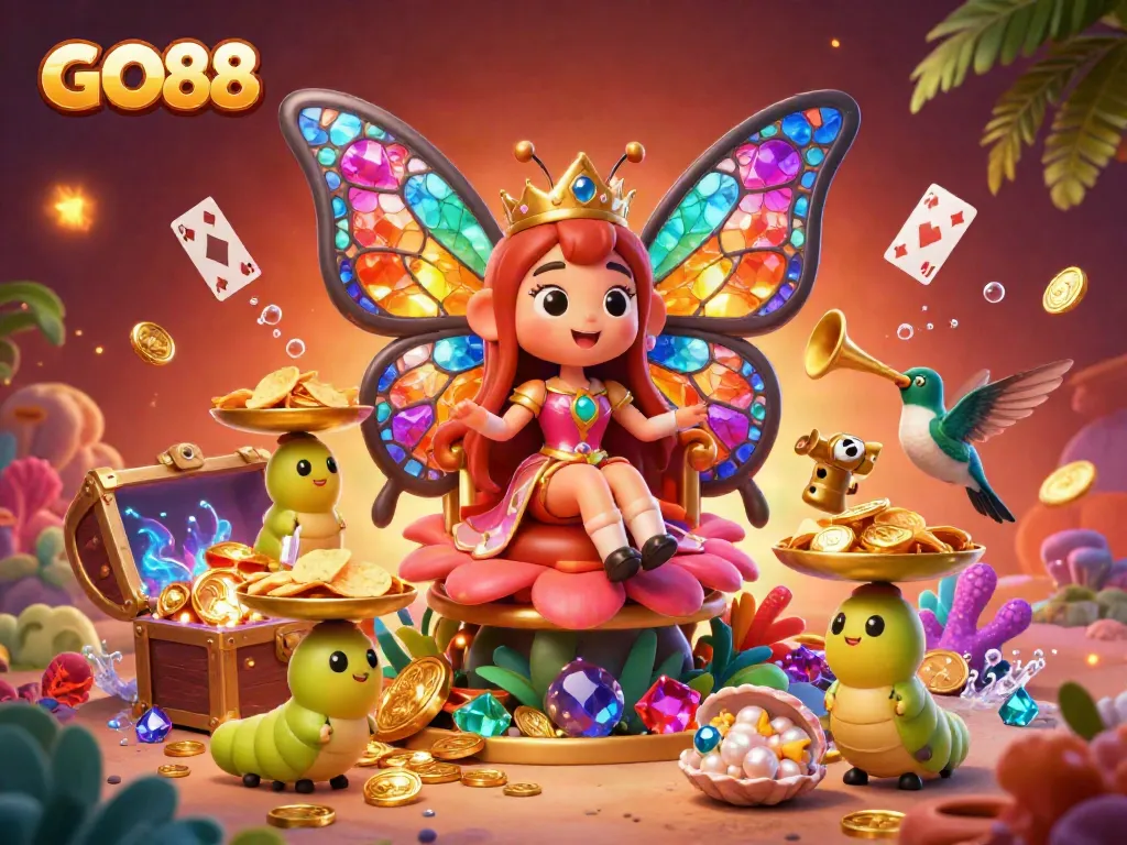 Engage with GO88's vibrant casino world, where a butterfly queen presides over colorful treasures and games.